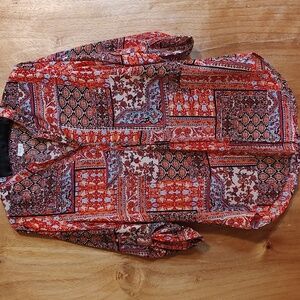 Antilia Femme Boho Mixed Floral Split Neck Blouse Orange Red Blue ¾-Sleeve Med